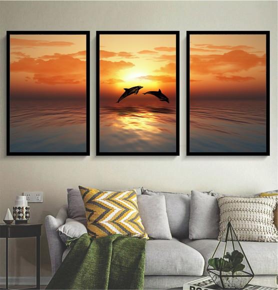 Kit 3 Quadros Decorativos Praia Golfinho Paisagem Moldura