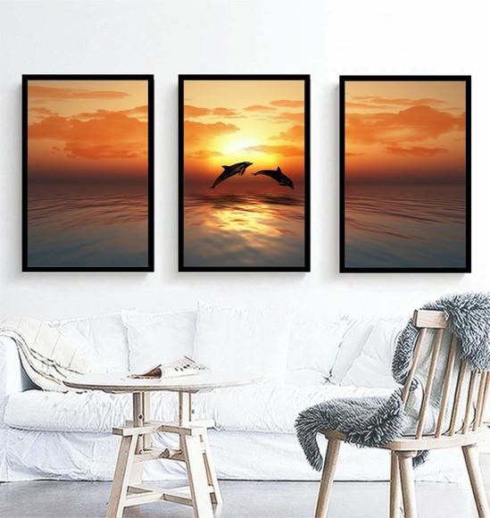 Kit 3 Quadros Decorativos Praia Golfinho Paisagem Moldura