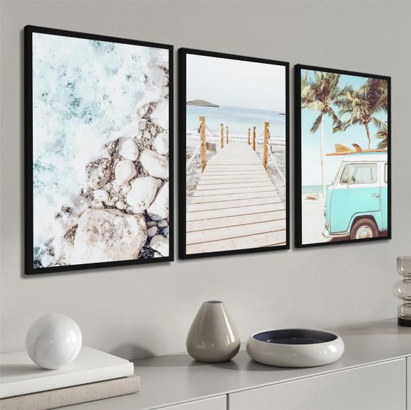 Kit 3 Quadros Decorativos Praia Kombi Mar Paisagem Moldura