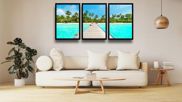 Kit 3 Quadros Decorativos Praia Maldivas Resorts Com Moldura