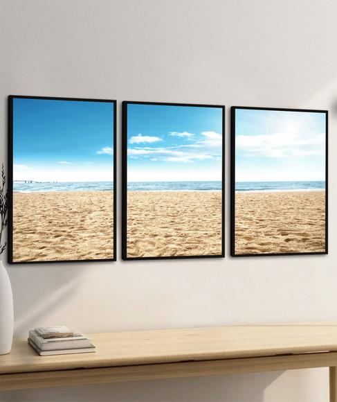 Kit 3 Quadros Decorativos Praia Mar Azul Paisagem Moldura