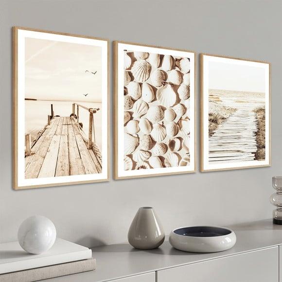 Kit 3 Quadros Decorativos Praia Mar Paisagem Boho Moldura