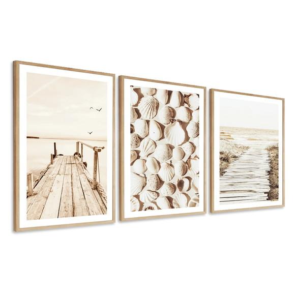 Kit 3 Quadros Decorativos Praia Mar Paisagem Boho Moldura