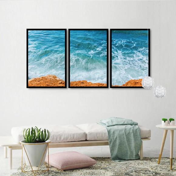 Kit 3 Quadros Decorativos Praia Onda Mar Conjunto Moldura