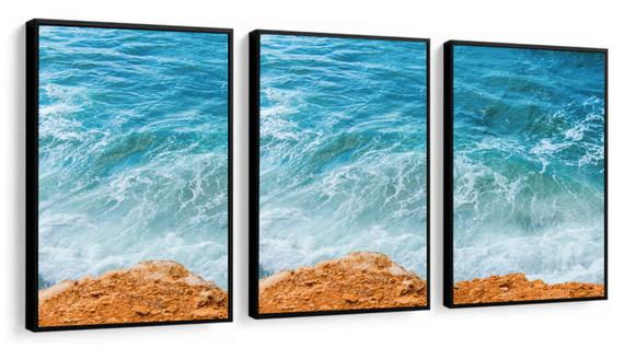 Kit 3 Quadros Decorativos Praia Onda Mar Conjunto Moldura