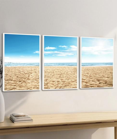 Kit 3 Quadros Decorativos Praia Paisagem Mar Azul Moldura