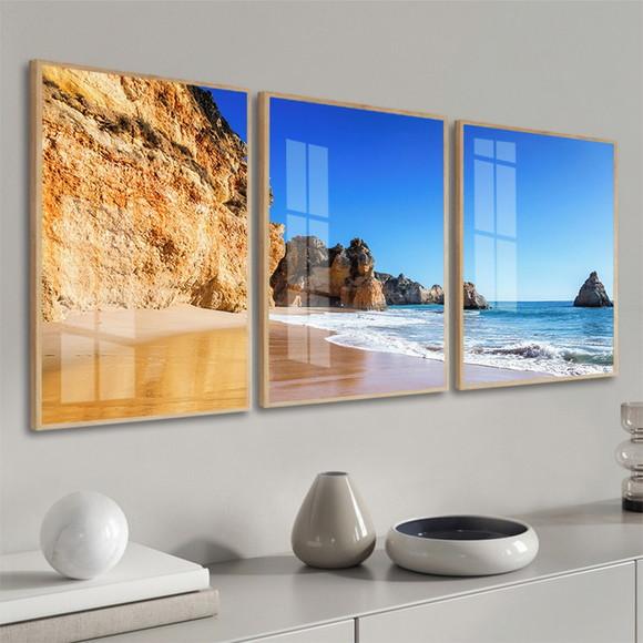 Kit 3 Quadros Decorativos Praia Paisagem Mar Moldura e Vidro