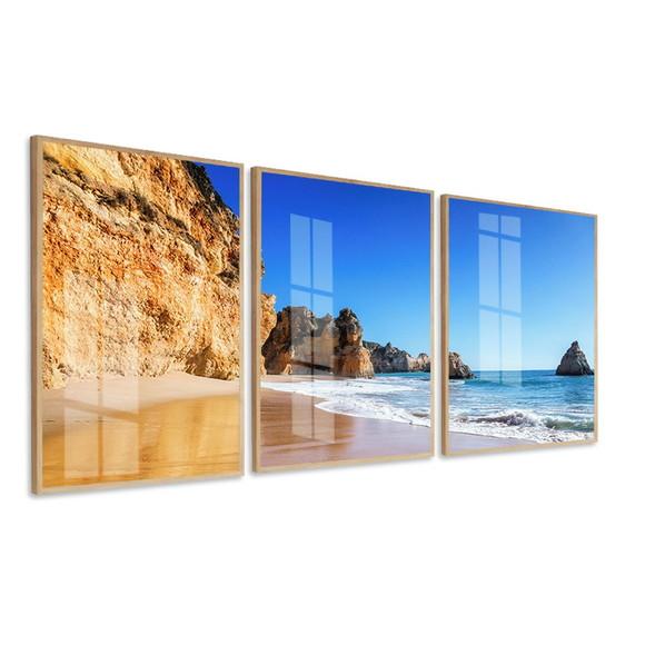 Kit 3 Quadros Decorativos Praia Paisagem Mar Moldura e Vidro