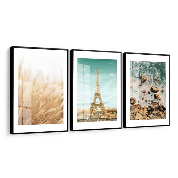Kit 3 Quadros Decorativos Praia Paisagem Paris Moldura Vidro