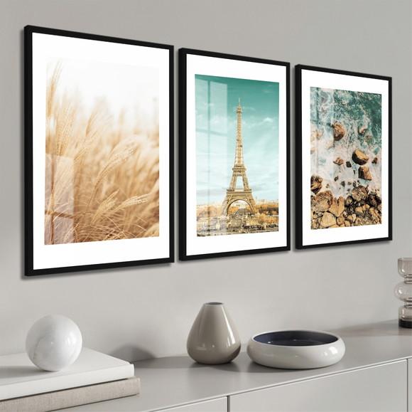 Kit 3 Quadros Decorativos Praia Paisagem Paris Moldura Vidro