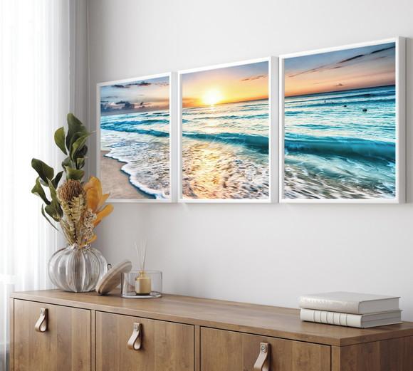 Kit 3 Quadros Decorativos Praia Paisagem Pôr Do Sol Moldura