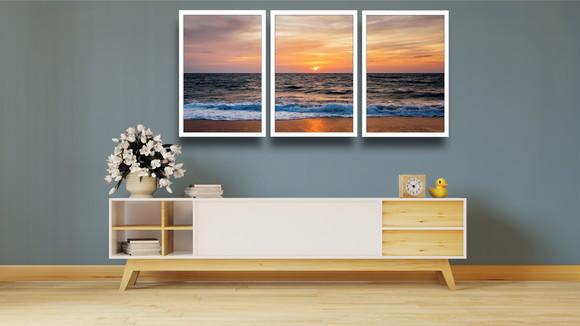 Kit 3 Quadros Decorativos Praia Por Do Sol Mar Ondas Moldura