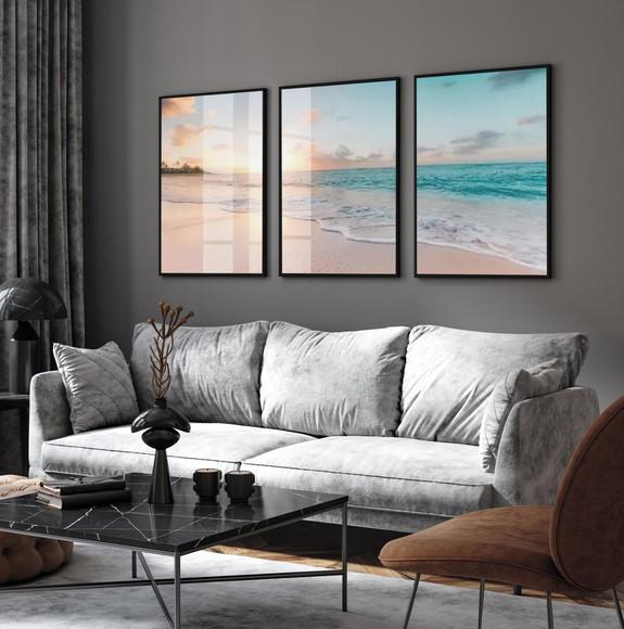 Kit 3 Quadros Decorativos Praia Pôr do Sol Moldura e Vidro