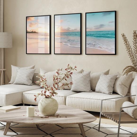 Kit 3 Quadros Decorativos Praia Pôr do Sol Moldura e Vidro