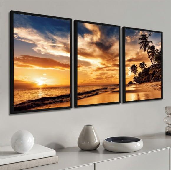 Kit 3 Quadros Decorativos Praia Pôr Do Sol Paisagem Moldura