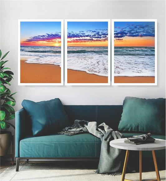 Kit 3 Quadros Decorativos Praia Pôr Do Sol Sala Com Moldura