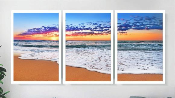 Kit 3 Quadros Decorativos Praia Pôr Do Sol Sala Com Moldura