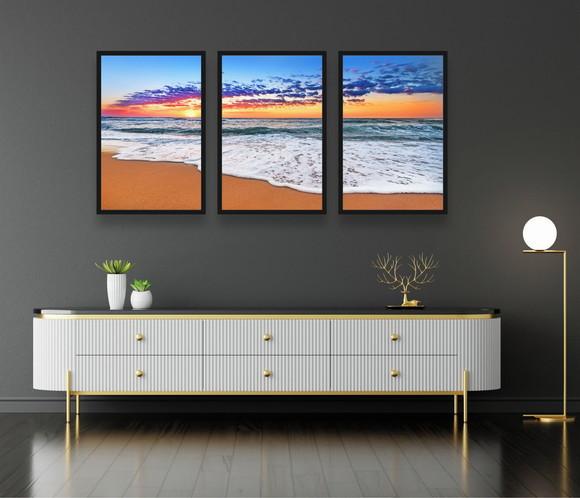 Kit 3 Quadros Decorativos Praia Pôr Do Sol Sala Com Molduras