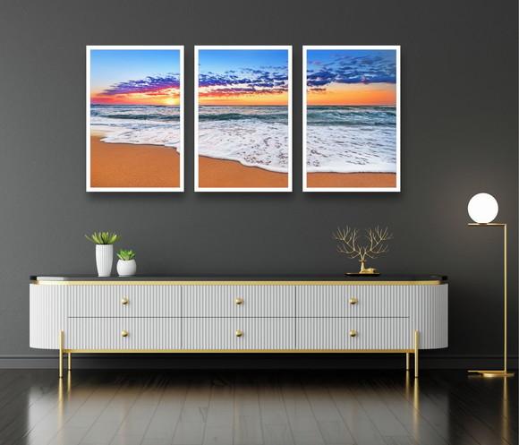 Kit 3 Quadros Decorativos Praia Pôr Do Sol Sala Com Moldura
