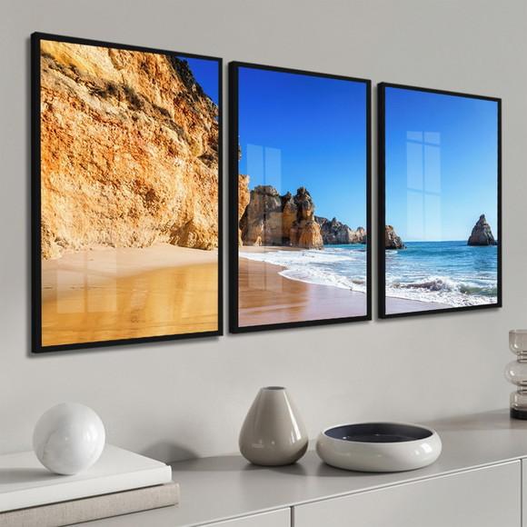 Kit 3 Quadros Decorativos Praia Praia Mar com Moldura Vidro