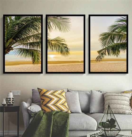 Kit 3 Quadros Decorativos Praia Sol e Mar Coqueiros Moldura