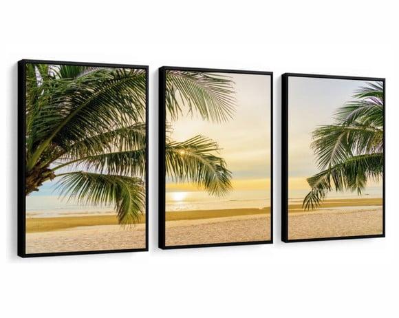 Kit 3 Quadros Decorativos Praia Sol e Mar Coqueiros Moldura