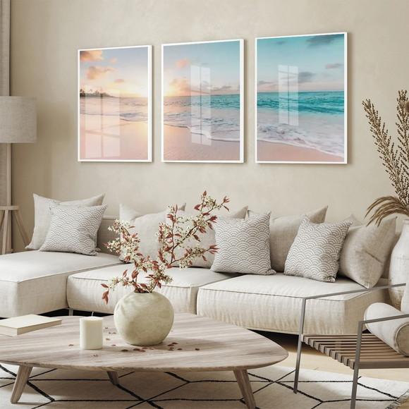 Kit 3 Quadros Decorativos Praia Sol Mar Azul Moldura e Vidro