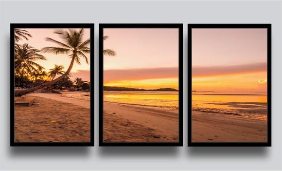 Kit 3 Quadros Decorativos Praias Pôr Do Sol Deck Com Moldura