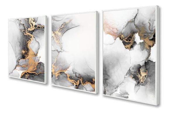 Kit 3 Quadros Decorativos Preto e Branco Gold Sala Moldura