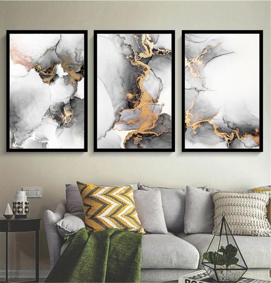 Kit 3 Quadros Decorativos Preto Gold Moderno Sala Moldura