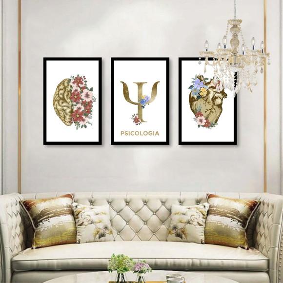 Kit 3 Quadros Decorativos Psicologia Consultório Com Moldura