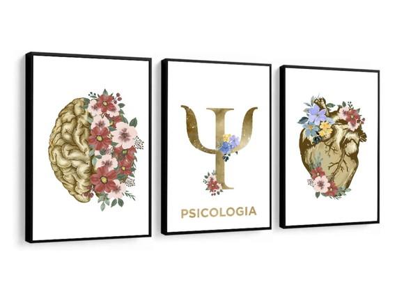 Kit 3 Quadros Decorativos Psicologia Consultório Com Moldura
