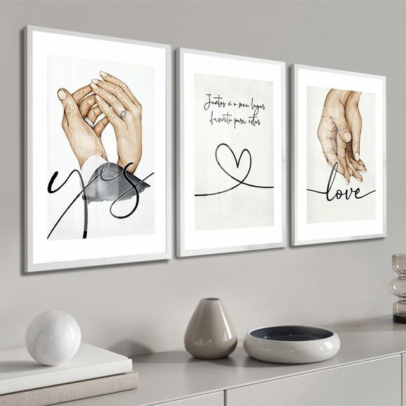 Kit 3 Quadros Decorativos Quarto Casal Frases Moldura Vidro