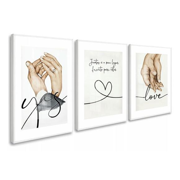 Kit 3 Quadros Decorativos Quarto Casal Frases Moldura Vidro