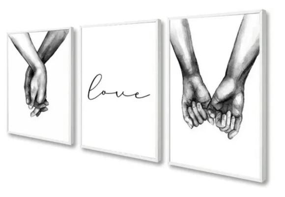 Kit 3 Quadros Decorativos Quarto Casal Love Mãos Com Moldura