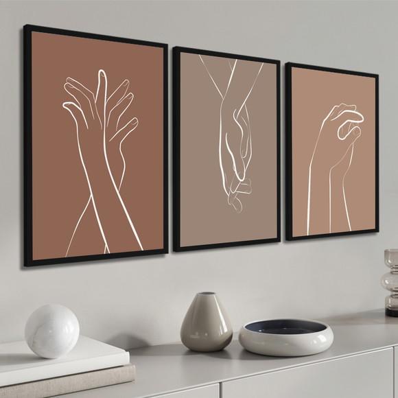 Kit 3 Quadros Decorativos Quarto Casal Mãos Dadas Moldura
