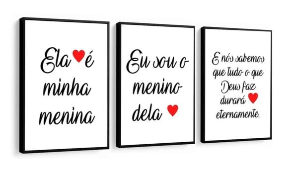 Kit 3 Quadros Decorativos Quarto Casal Oração Frases Moldura