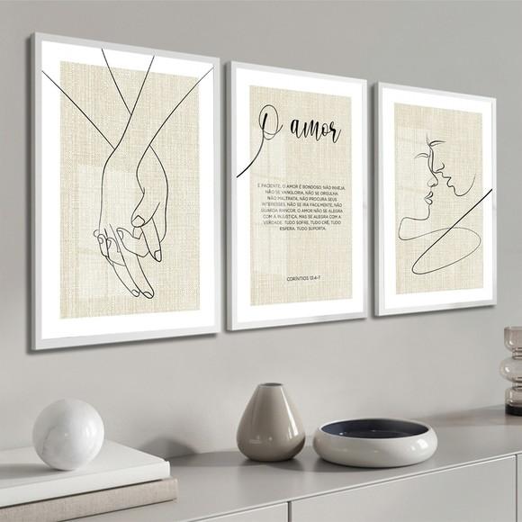 Kit 3 Quadros Decorativos Quarto de Casal com Moldura Vidro