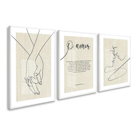 Kit 3 Quadros Decorativos Quarto de Casal com Moldura Vidro