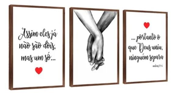 Kit 3 Quadros Decorativos Quarto De Casal Frases Com Moldura