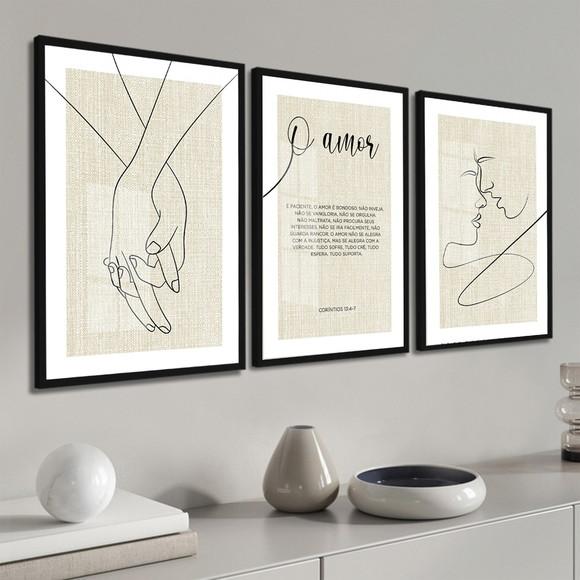 Kit 3 Quadros Decorativos Quarto de Casal Moldura e Vidro