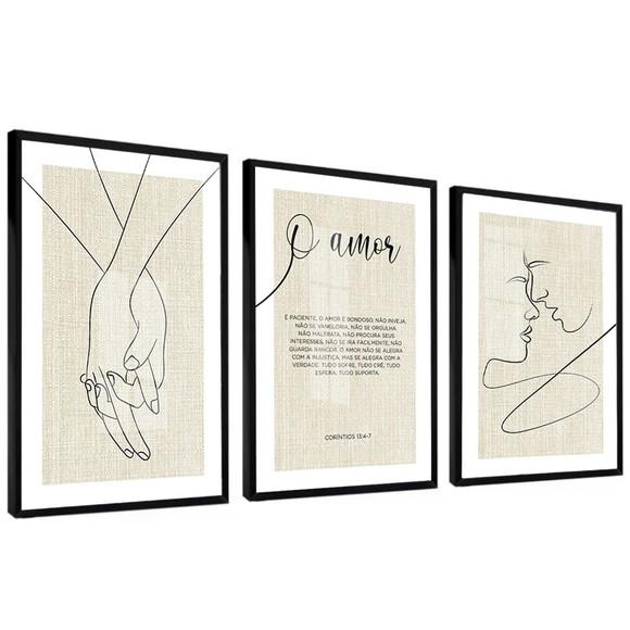 Kit 3 Quadros Decorativos Quarto de Casal Moldura e Vidro