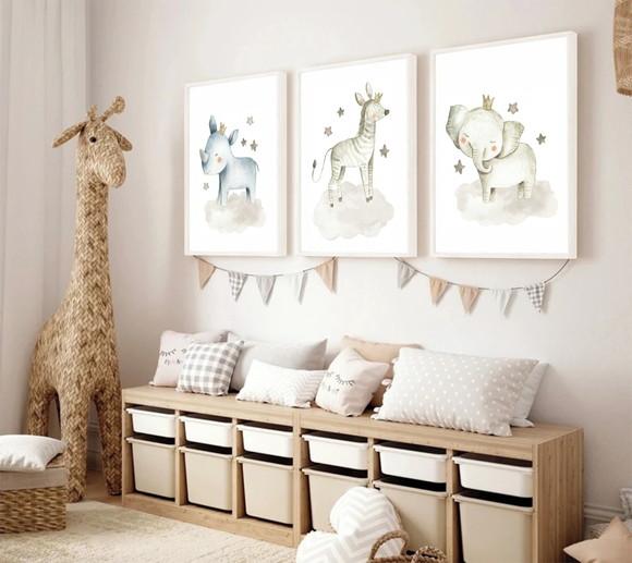 Kit 3 Quadros Decorativos Quarto Infantil Animais Moldura