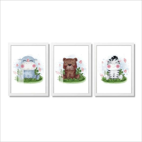 Kit 3 Quadros Decorativos Quarto Infantil Com Moldura Vidro