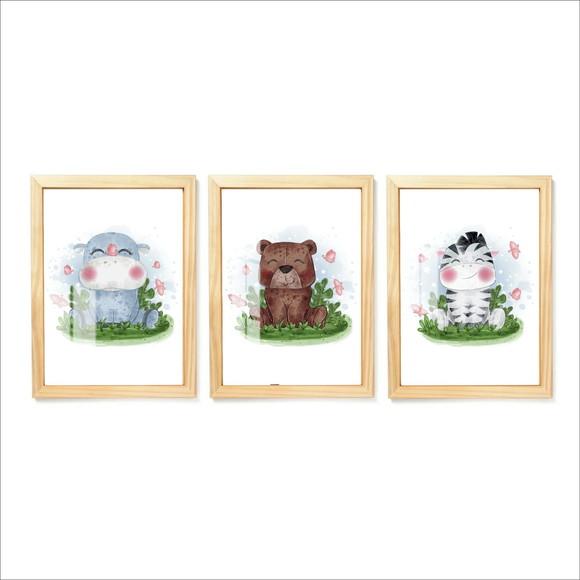 Kit 3 Quadros Decorativos Quarto Infantil Moldura e Vidro