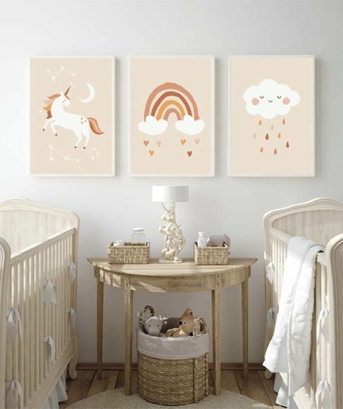 Kit 3 Quadros Decorativos Quarto Infantil Nuvem Rosa Moldura