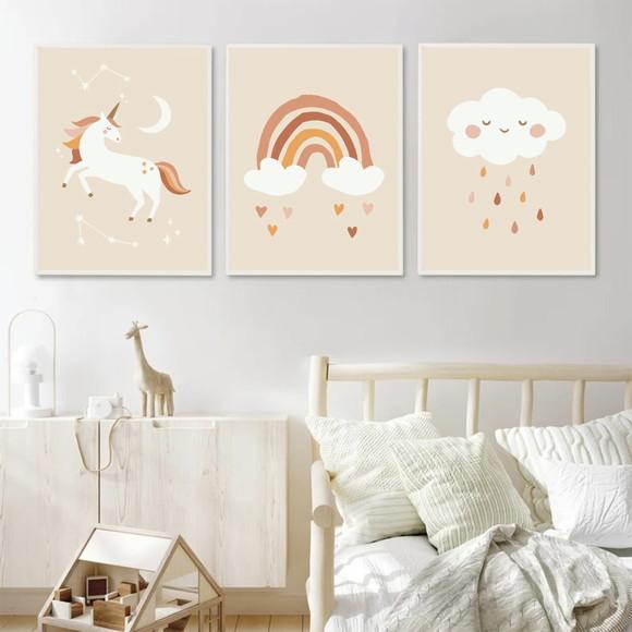 Kit 3 Quadros Decorativos Quarto Infantil Nuvem Rosa Moldura