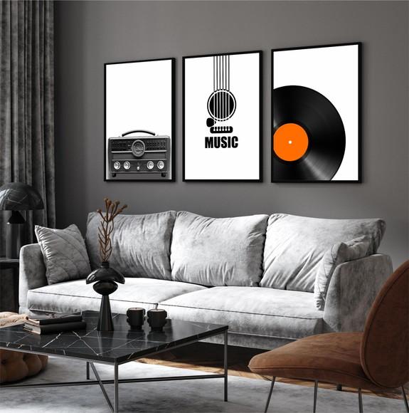 Kit 3 Quadros Decorativos Rádio Disco de Vinil com Moldura
