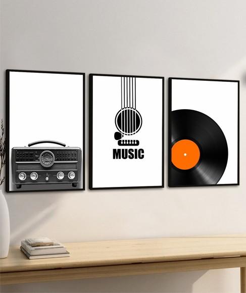 Kit 3 Quadros Decorativos Rádio Disco de Vinil com Moldura