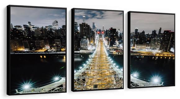 Kit 3 Quadros Decorativos Queens Brooklyn Nova York Moldura